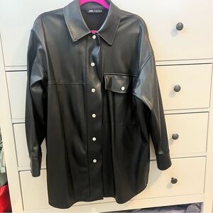 Zara Black Leather Jacket with Button Details